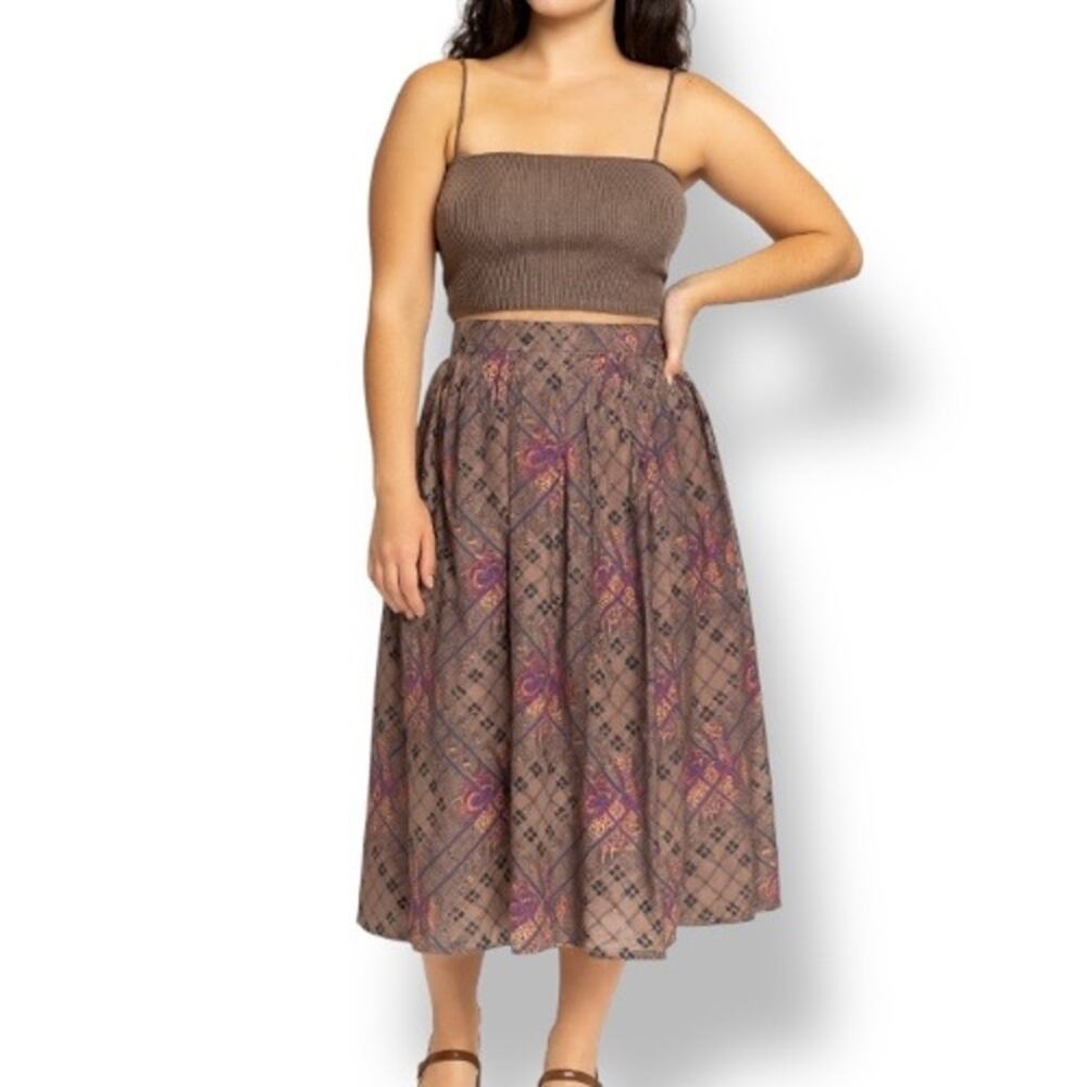 Vintage 90s Flowing Midi Skirt Taupe Purple Paisley Lattice Plaid Print Romantic - Picture 1 of 10